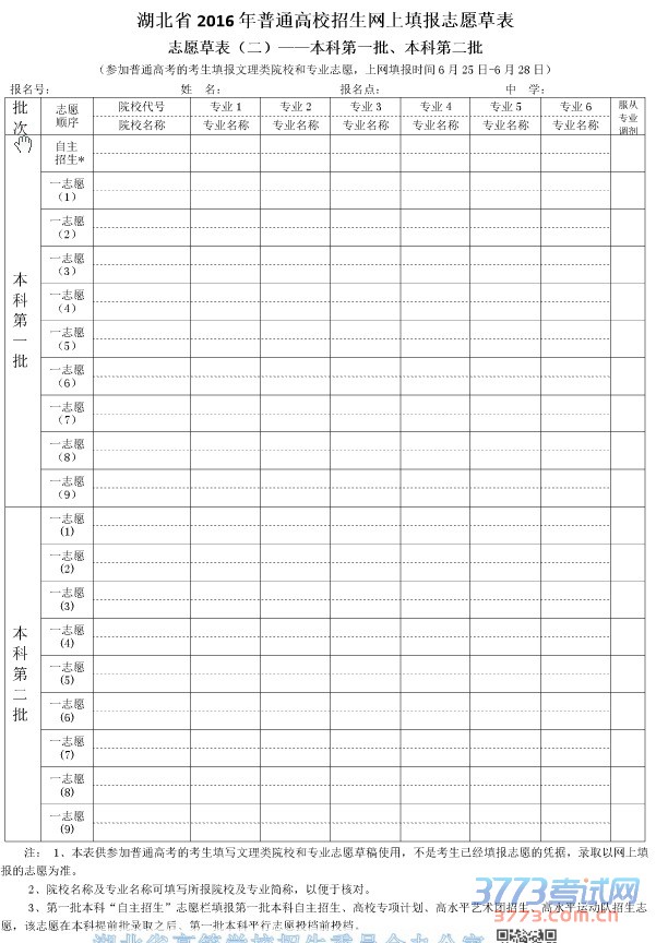 湖北省2016年普通高校招生网上填报志愿草表