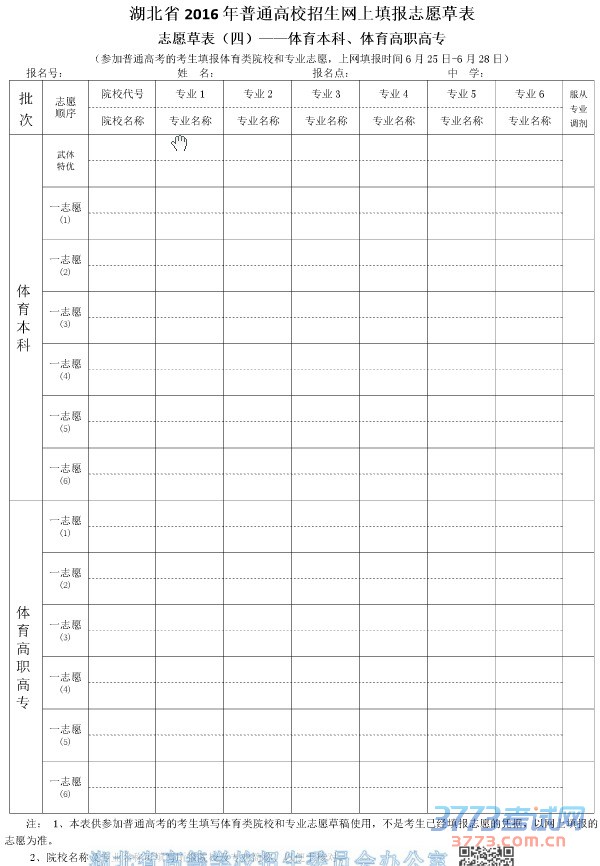 湖北省2016年普通高校招生网上填报志愿草表