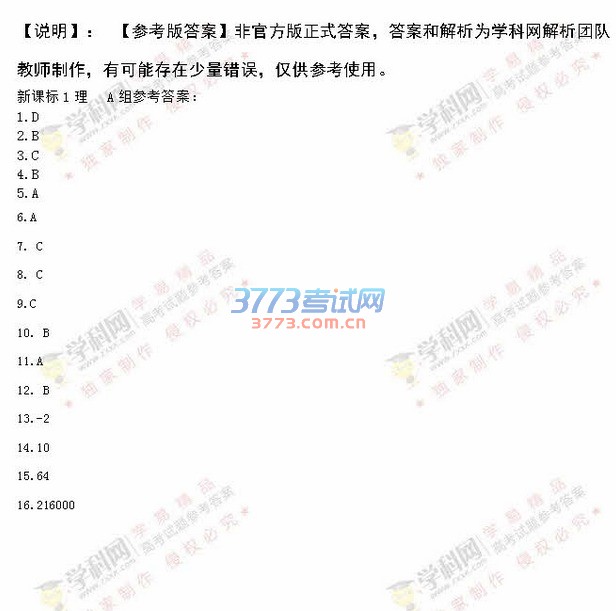 2016年新课标1数学理科高考试题及答案（图片）