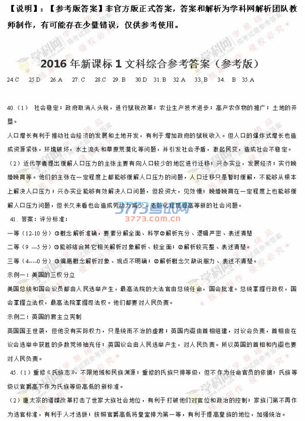 2016年新课标1文科综合高考试题及答案(图片)