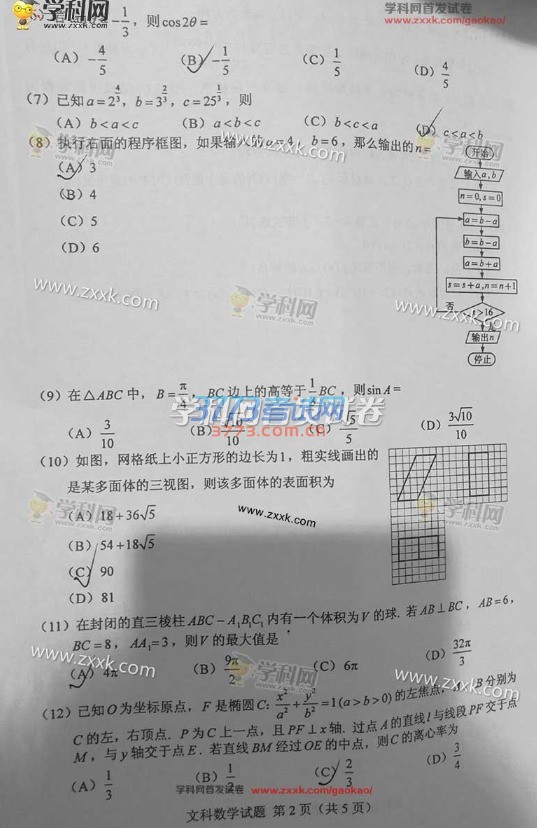 2016年新课标3数学文科高考试题及答案（图片）
