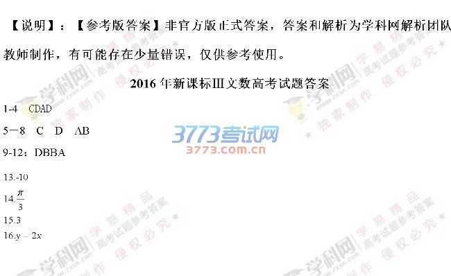 2016年新课标3数学文科高考试题及答案（图片）