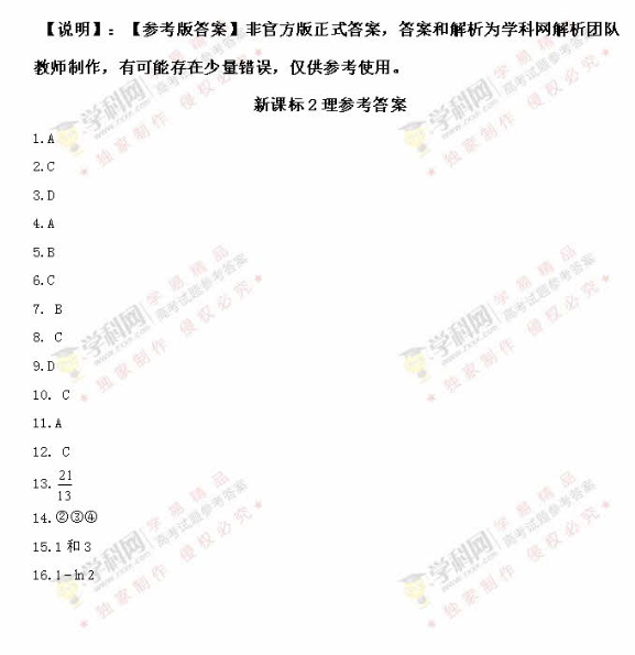 2016年新课标2数学理科高考试题及答案(图片)
