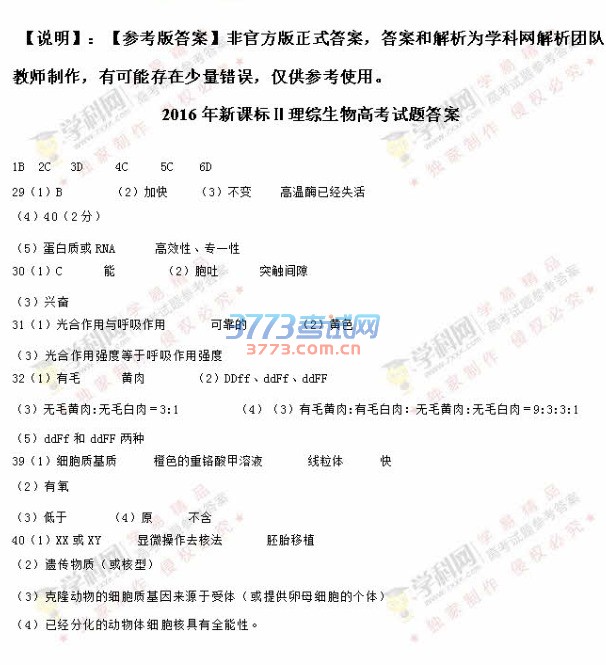 2016年新课标2理科综合高考试题及答案（图片）