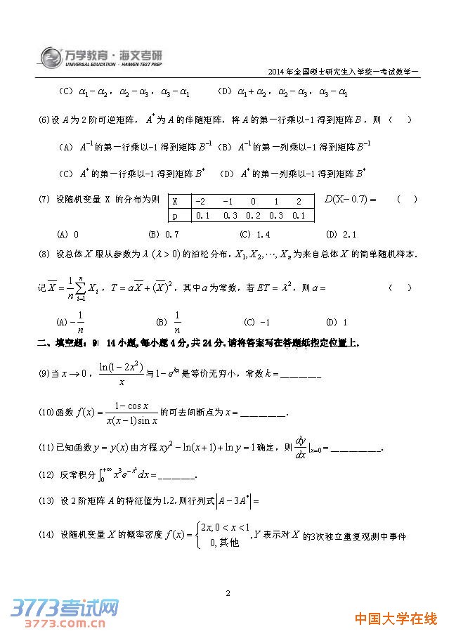 2014年考研数农真题