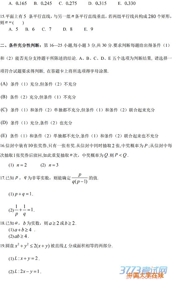 2015考研管理类联考真题—数学（图片版）