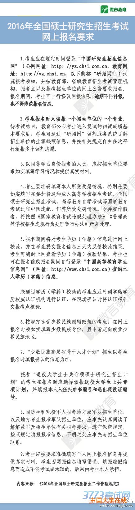 10月10日至31日为2016年硕士研究生招生考试网上报名阶段，考生登录研招网O网页链接报名。