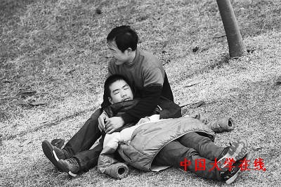  2月11日，武汉，“北约”、“华约”考试<a href='/Gaokao/College/Details/GBBK0201'>湖北大学</a>考点，中午在草坪上休息的考生和家长。CFP供图
