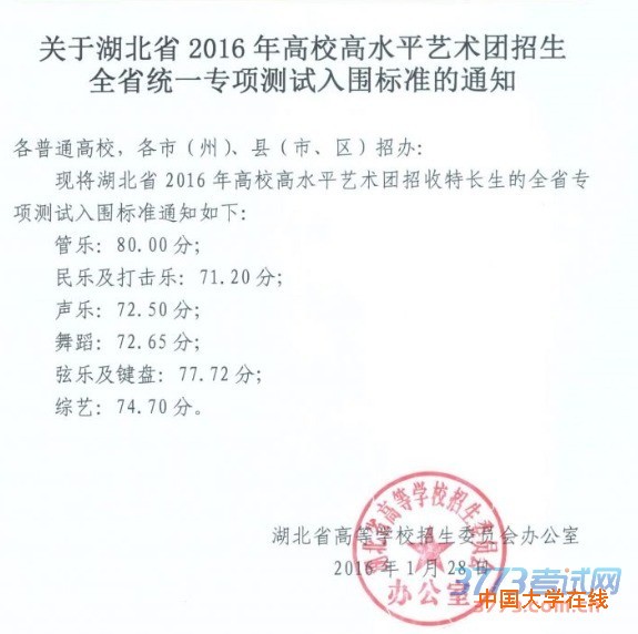 关于湖北省2016年高校高水平艺术团招生